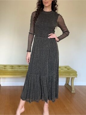Lilly Pulitzer Black Metallic Mesh-Sleeve Tiered Maxi Dress